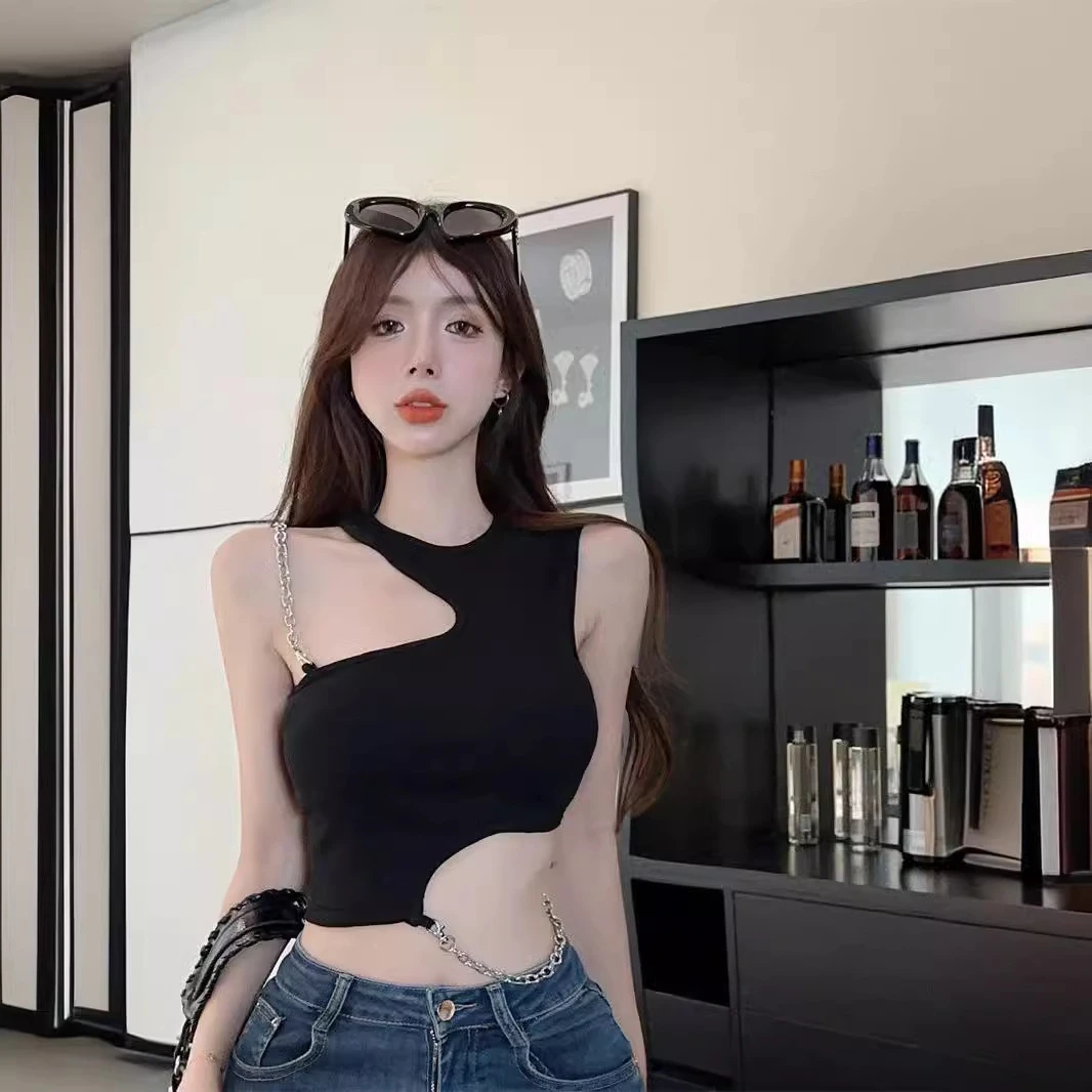 纯欲辣妹黑色挂脖吊带背心紧身女外穿性感修身无袖上衣女短款网红