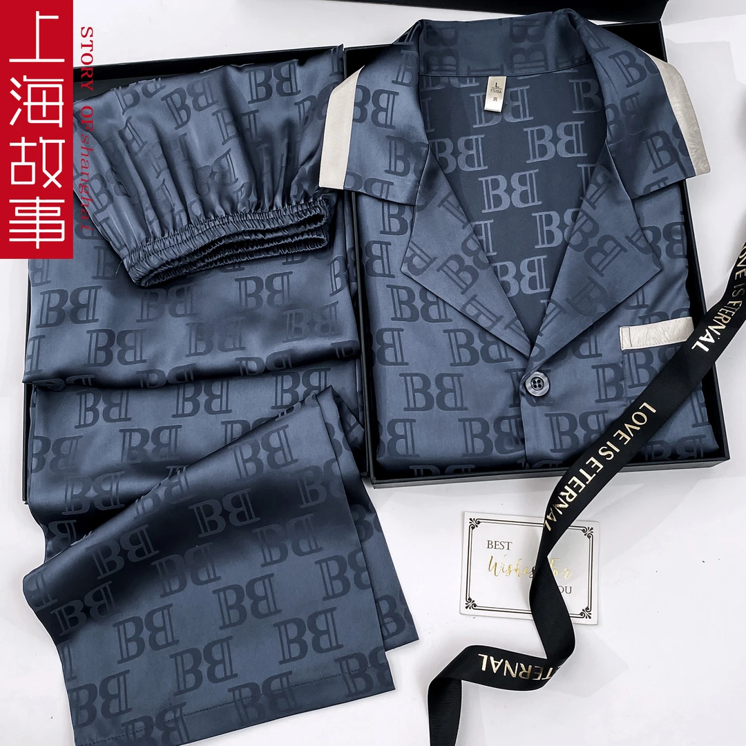 上海故事2025新品男款简约风短袖长裤可外穿睡衣家居服套装三件套