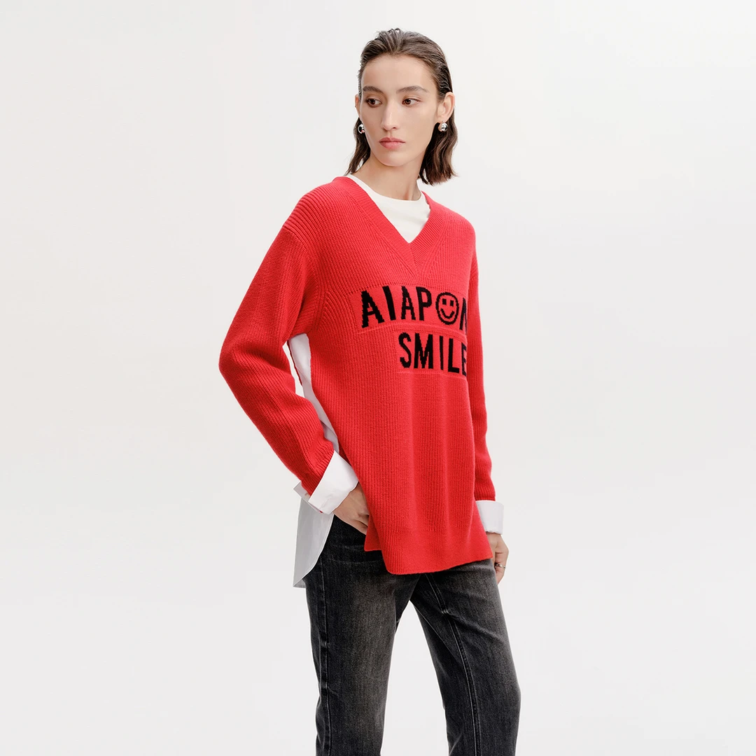 恩派雅新款美利奴羊毛假两件字母提花休闲针织衫XNJPW9513A