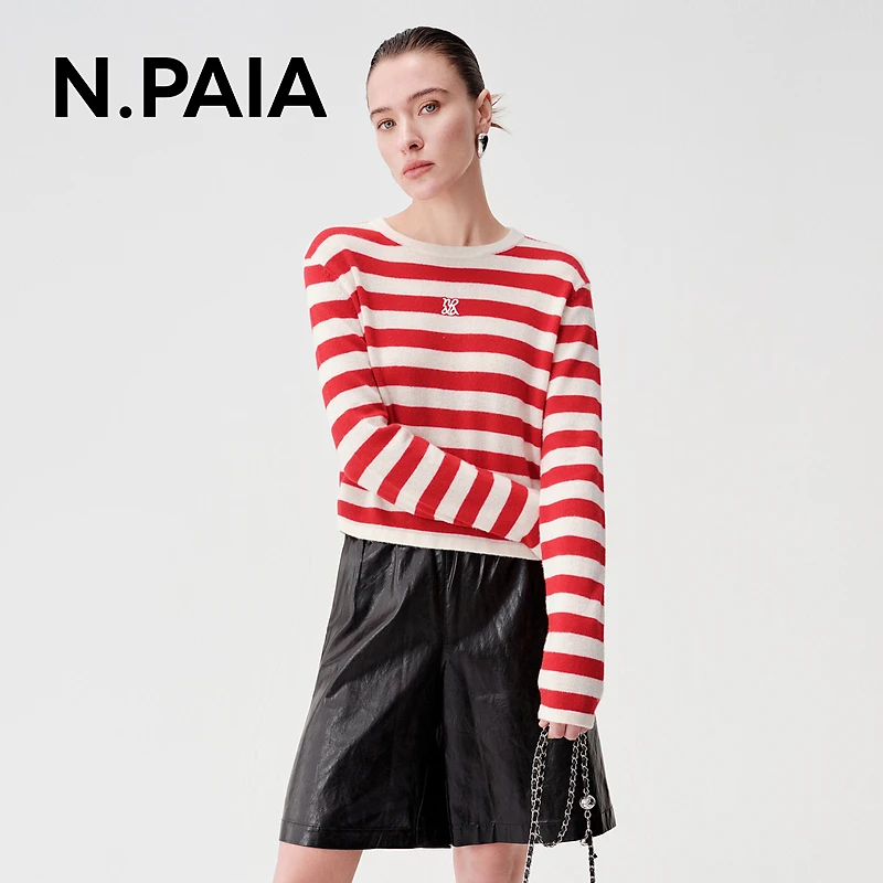 恩派雅23冬新款98山羊绒经典条纹针织衫短箱型上衣女XNIIG9532A