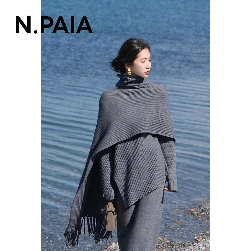 恩派雅23秋冬牦牛绒不规则螺旋斜裁半高领毛衣针织衫XNIIR9536A