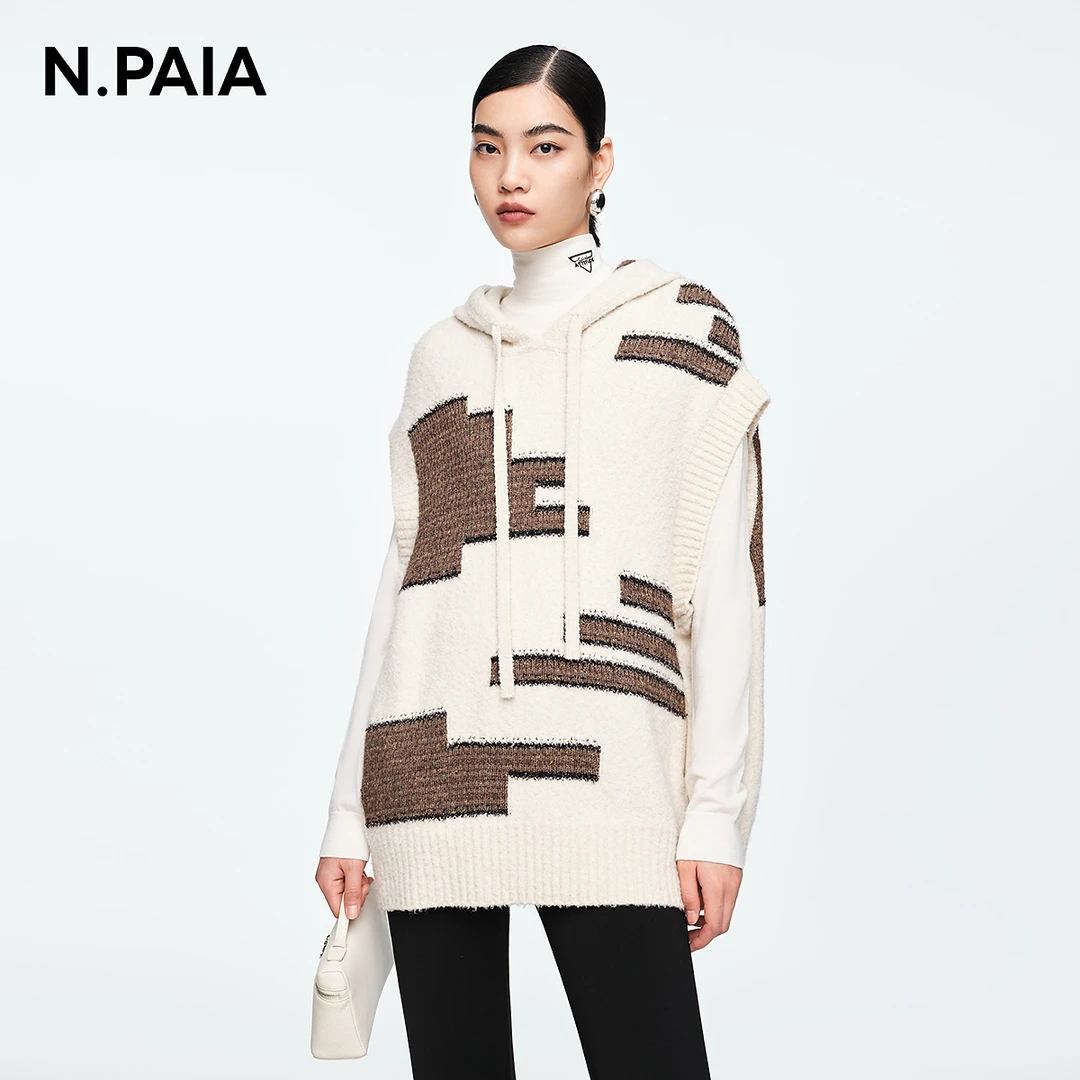 【晨粉专享价】恩派雅几何图案设计感连帽无袖毛衫女XNIIW9004A