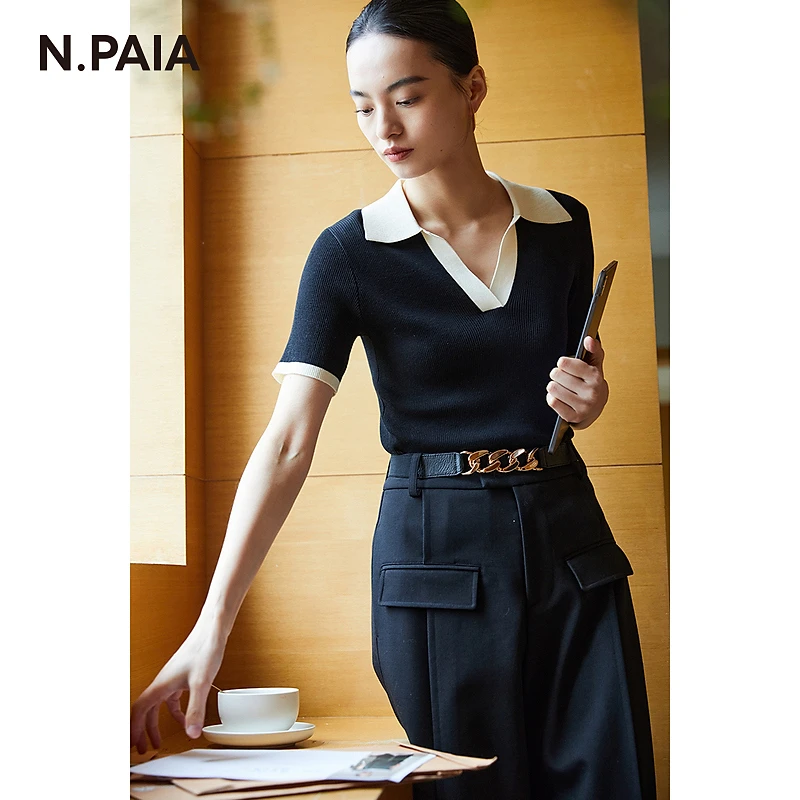 【二醋有机棉】恩派雅春夏新款短袖Polo领撞色针织上衣