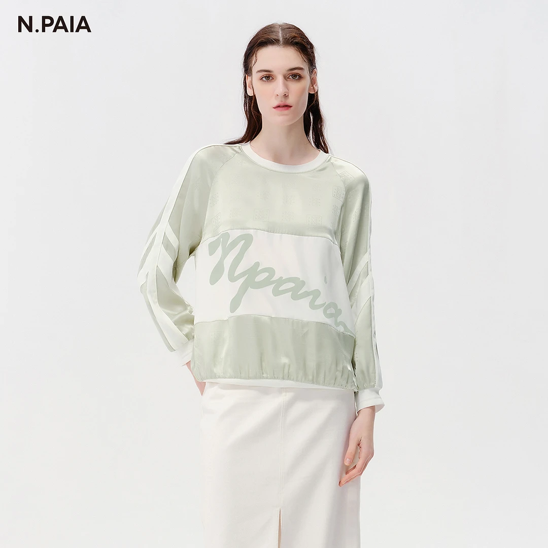 N.Paia恩派雅2024年高级感撞色印花亲肤舒适长袖T恤女XNJES2306A