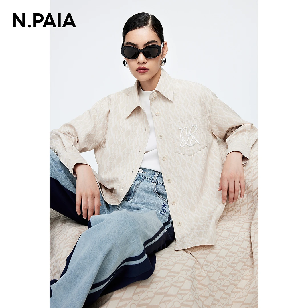 恩派雅秋冬新款原创老花提花logo宽松H型翻领衬衫外套XNIAA2108A