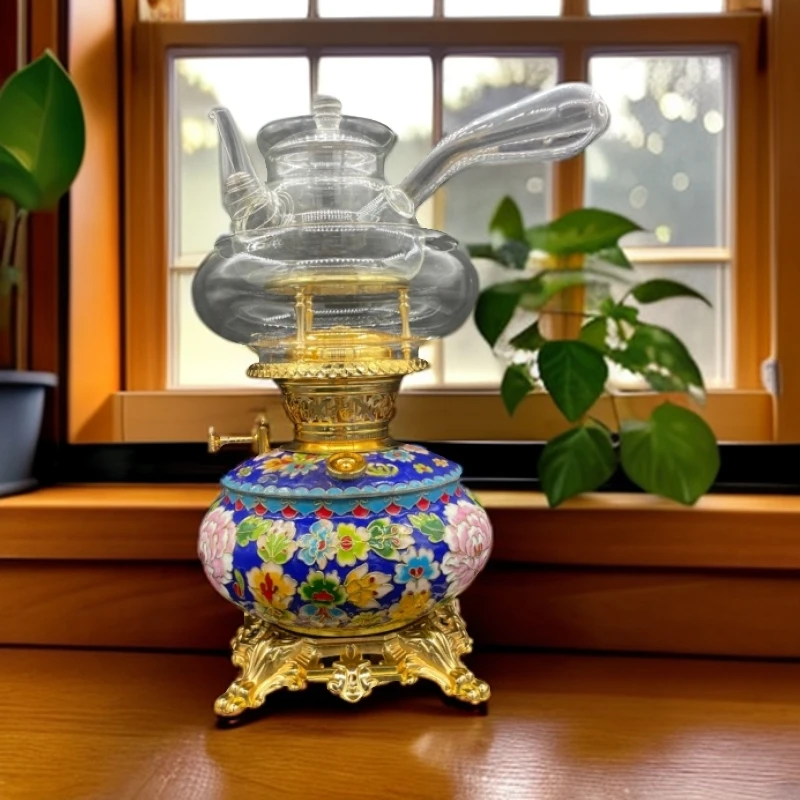 正品牡丹花珐琅彩空气灯茶炉烧水煮茶炉高级感纯黄铜