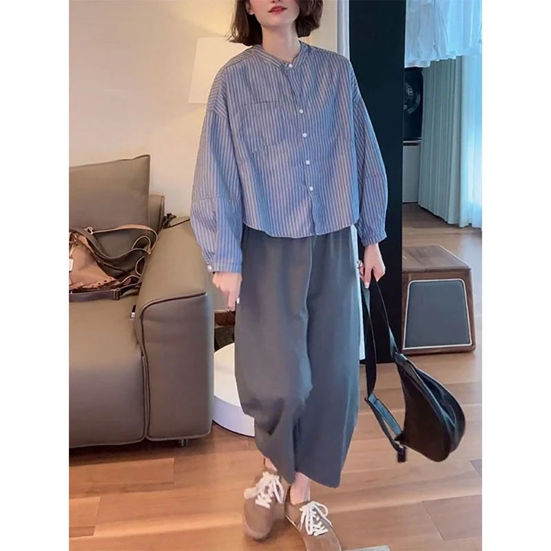 秋冬小清新减龄撞色条纹长袖衬衫女高腰宽松显瘦百搭九分裤两件套