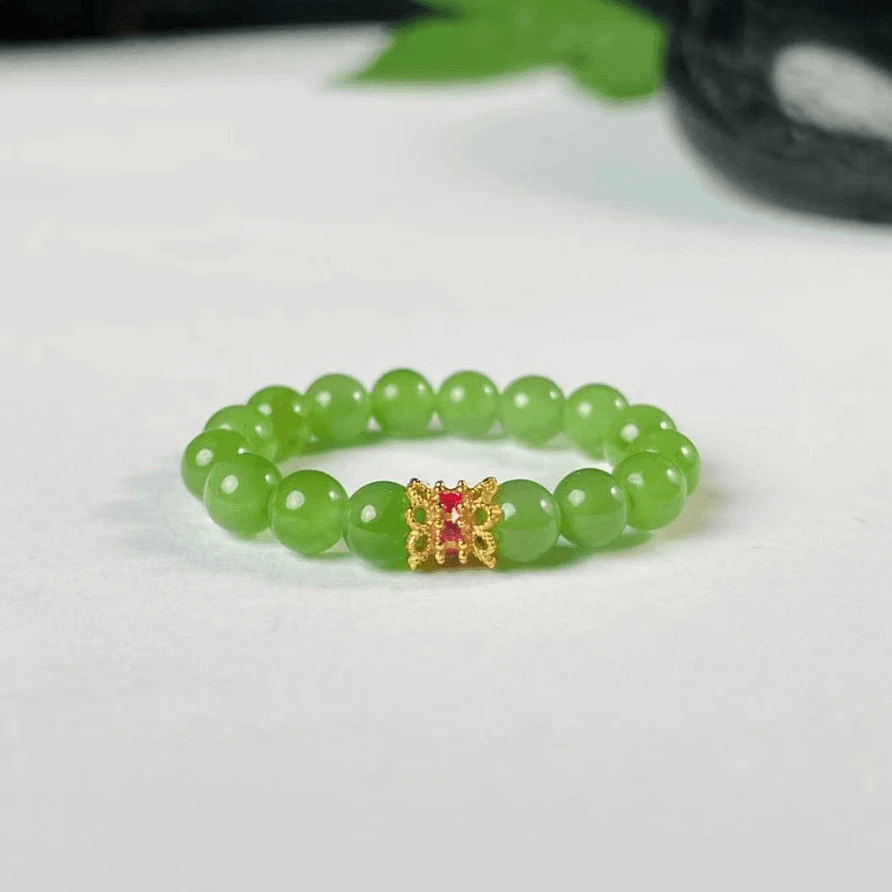 天然和田玉小米圆珠戒指阳绿苹果绿戒圈女款玉石玉戒指环绿色精致