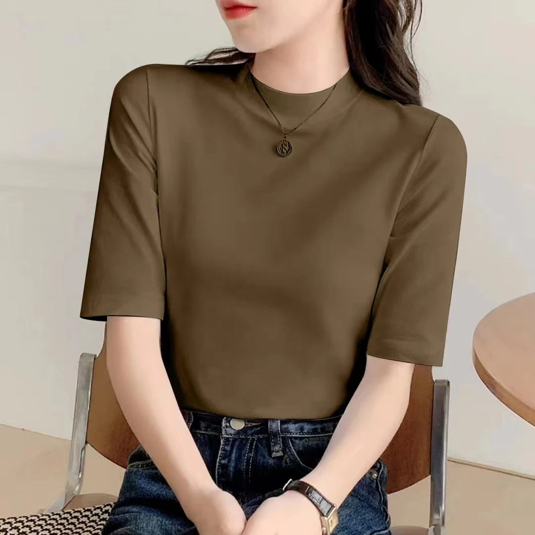 莫代尔2025新款春秋冬中袖小立领T恤女韩版修身百搭打底衫上衣ins