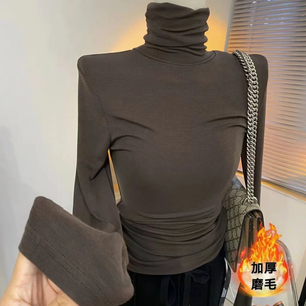 莫代尔秋冬修身加绒磨毛保暖高领T恤女百搭长袖纯色内搭ins上衣