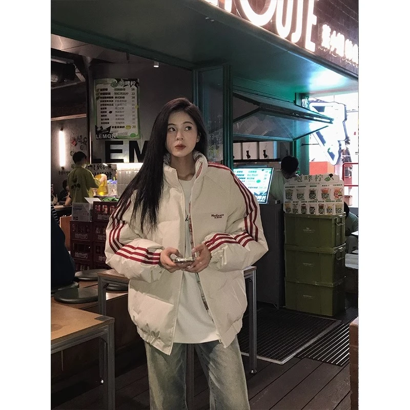 2024冬季新款撞色格子拼接羽绒棉服外套女国潮牌设计感加厚面包服