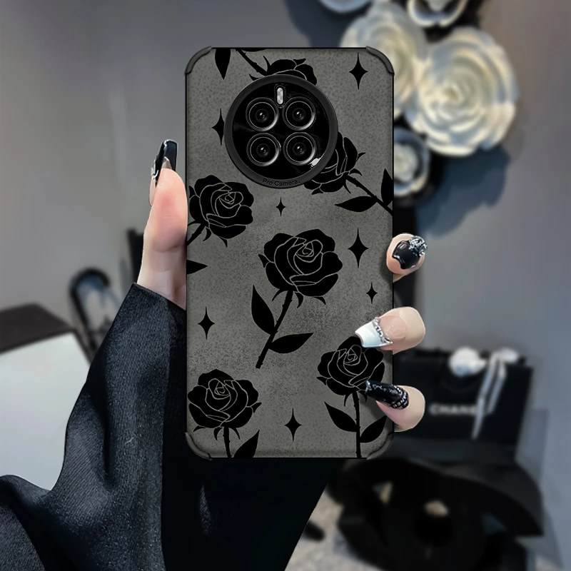 黑色玫瑰花柳叶华为mate50防摔复古皮质软壳女保护壳