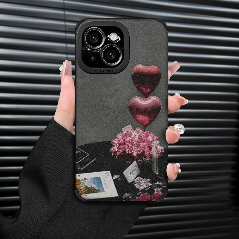 玫瑰气球手机壳适用苹果16oppo华为vivo复古皮质防摔创意全包女款