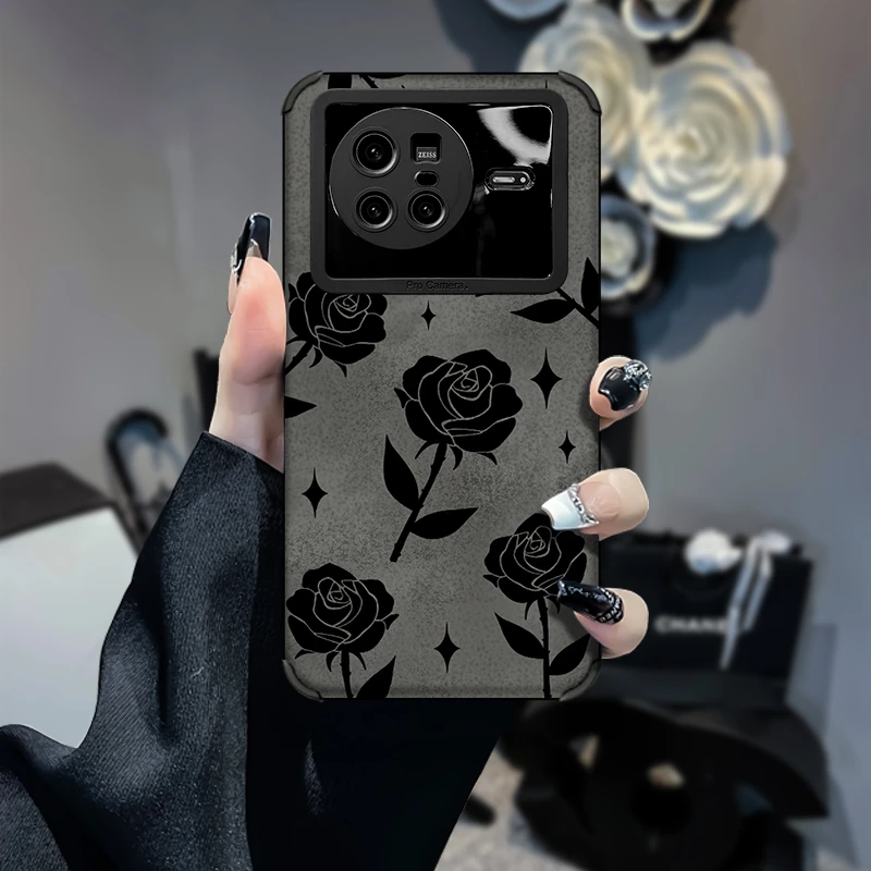 黑色玫瑰花柳叶VIVOX80防摔复古皮质软壳女保护壳