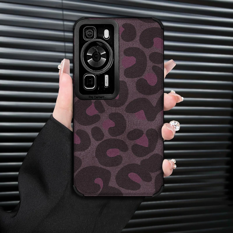 蓝粉豹纹适用华为P60/P60PRO气质手机壳翻毛皮新款复古皮质防摔