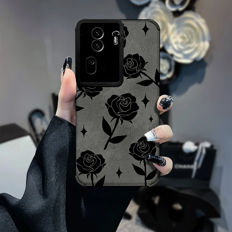 黑色玫瑰花柳叶OPPOReno11防摔复古皮质软壳女保护壳