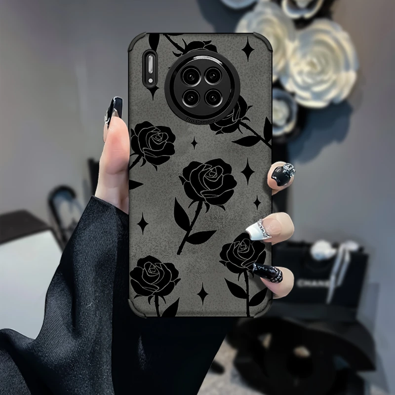 黑色玫瑰花柳叶华为mate30pro/30epro防摔复古皮质软壳女保护壳