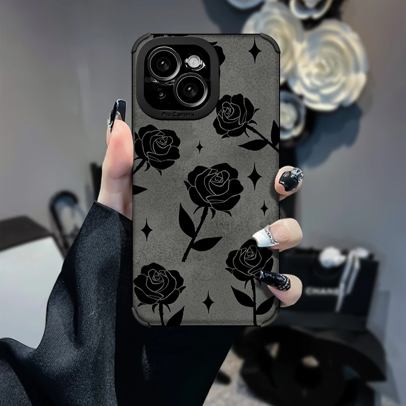 黑色玫瑰花柳叶iPhone/华为/OPPO/VIVO防摔复古皮质软壳女保护壳