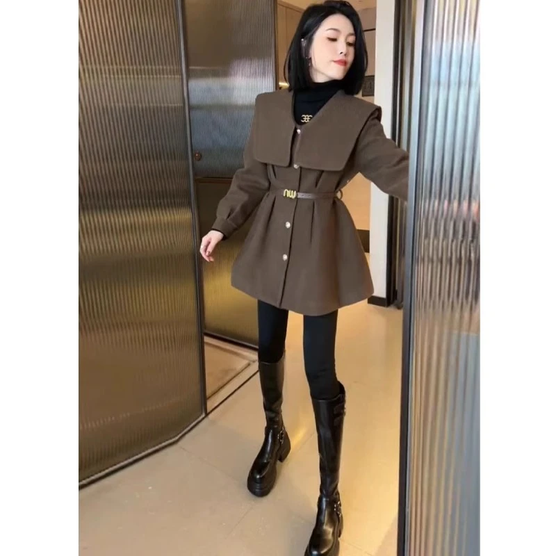 欧货海军领收腰毛呢外套女2025秋冬新款时髦小个子中长款大衣时尚
