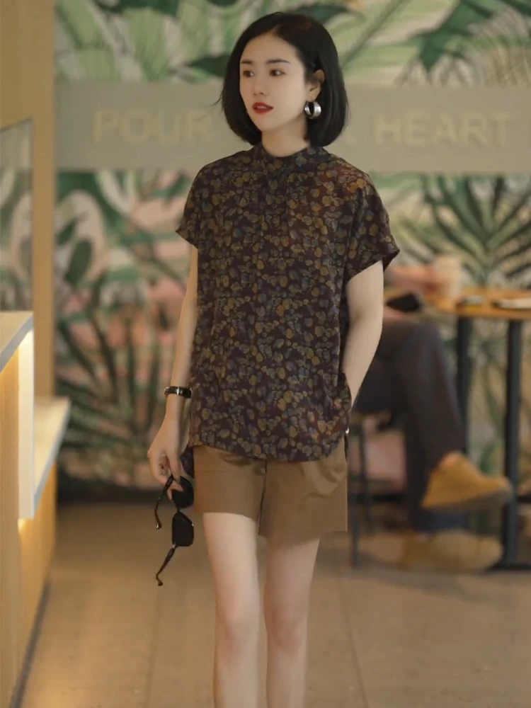 欧货复古印花时尚套装2024夏季新款两穿衬衫上衣+短裤两件套