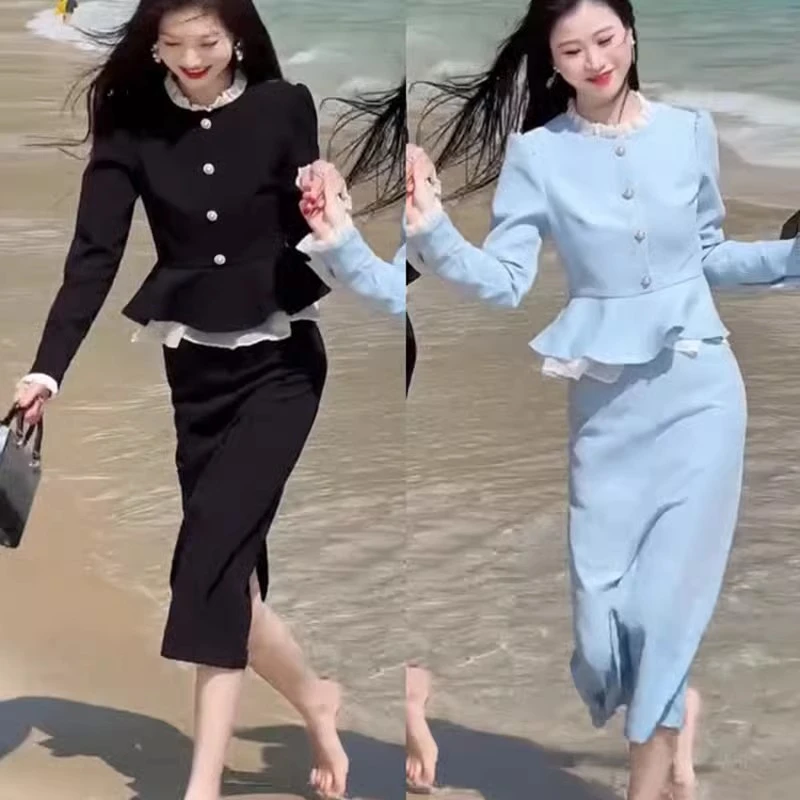 2024年高级网红气质显瘦撞色木耳边拼接假两件上衣半身裙时尚套装