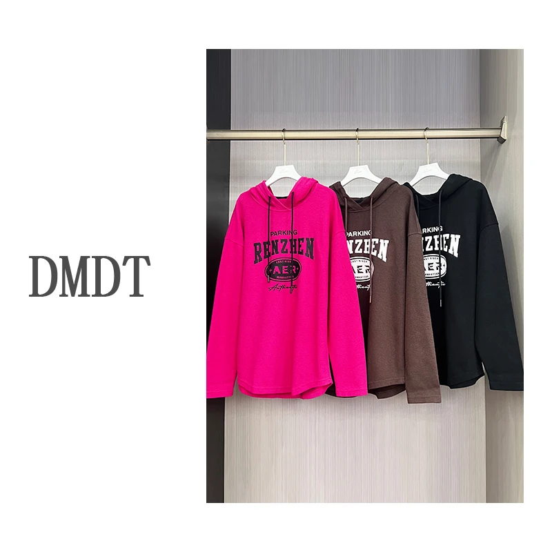 【DMDT潮牌】字母印花显瘦百搭休闲长袖女士连帽时尚潮流T恤23C1380