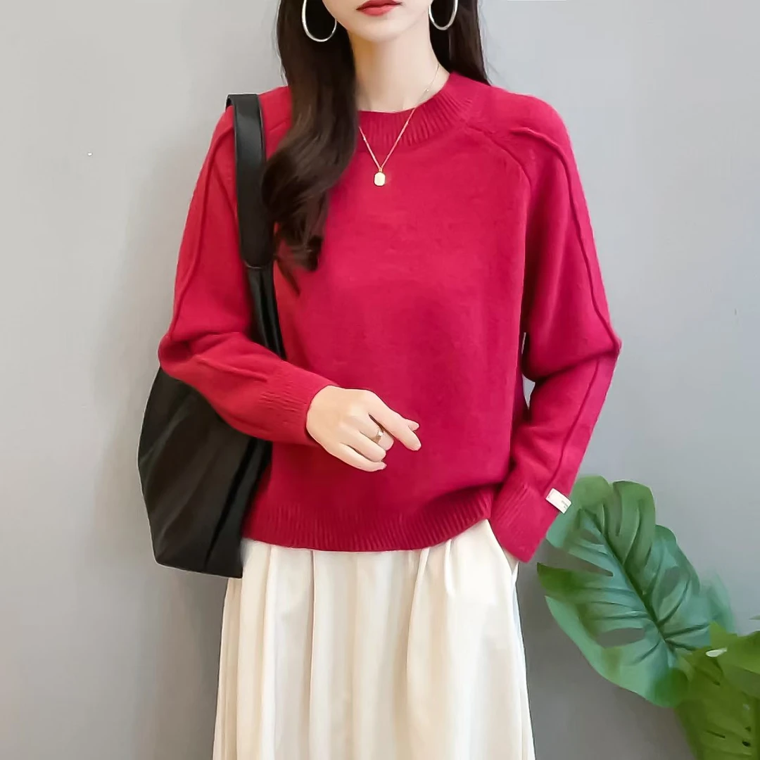 设计感圆领毛衣打底衫女秋冬2024新款爆款法式宽松慵懒风针织上衣
