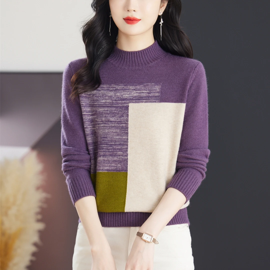 秋冬拼色半高领毛衣女士新款长袖针织衫洋气时尚内搭打底套头上衣