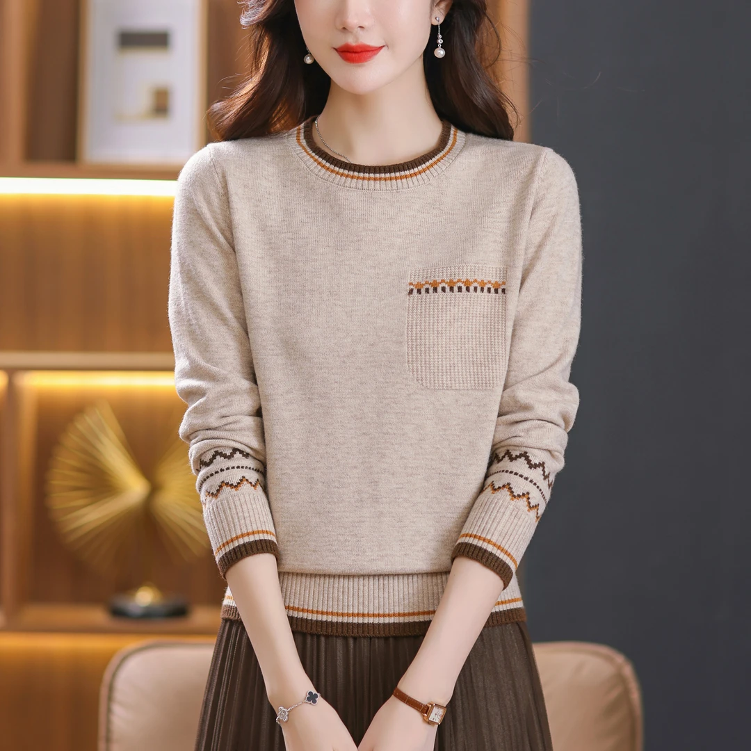 针织打底衫秋冬圆领女士2024年新款洋气套头外穿显瘦毛衣上衣宽松