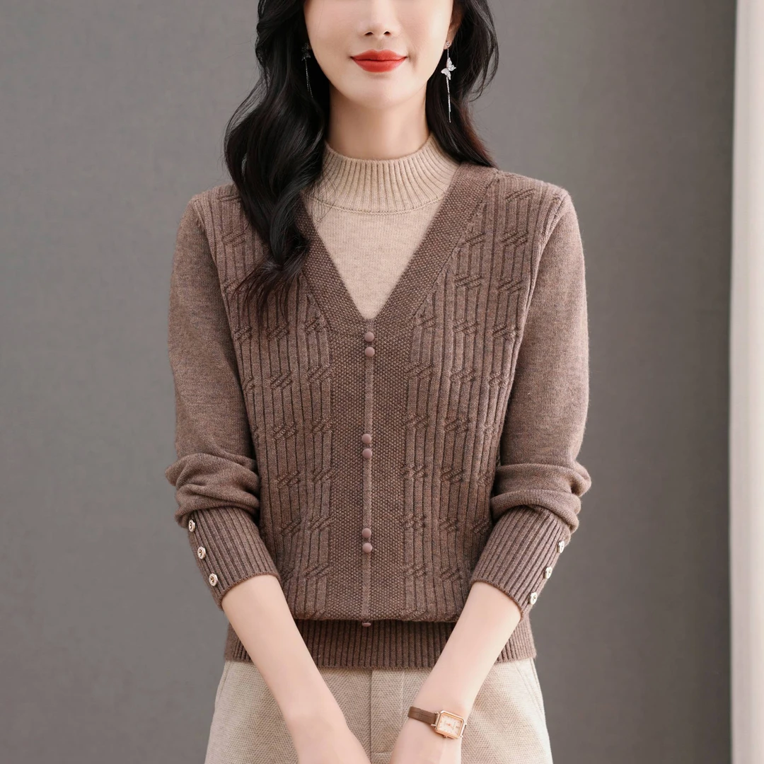 2024秋冬新款半高领假两件针织衫女士套头打底衫内搭宽松显瘦毛衣