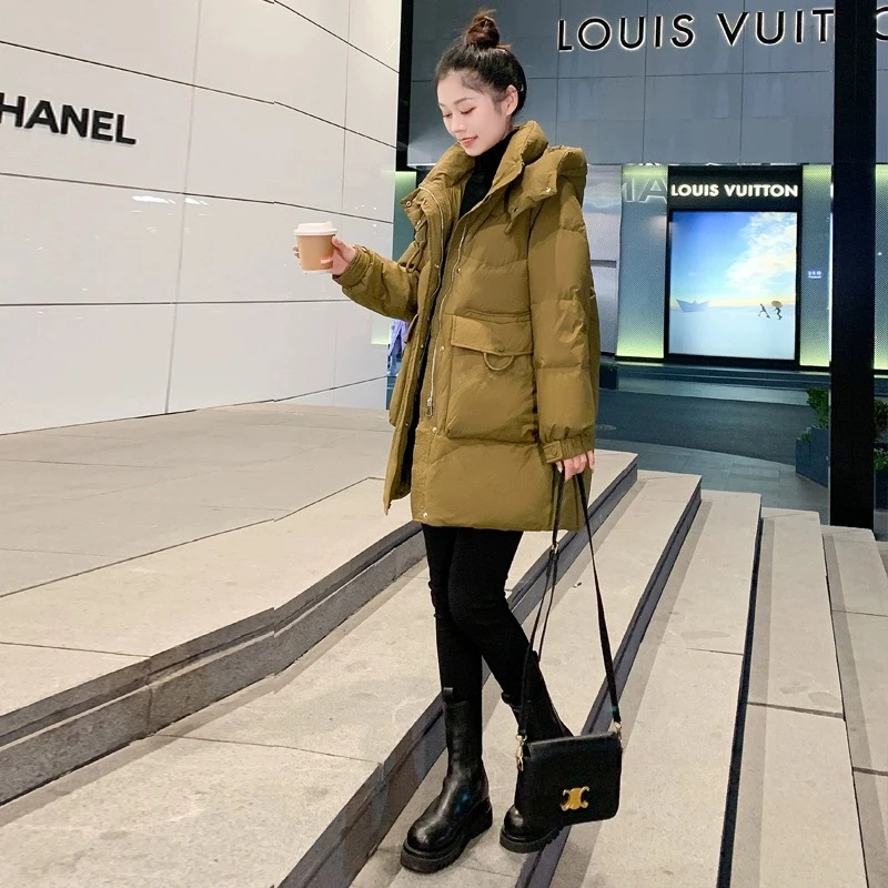 白鸭鸭棉衣女中长款2023冬季韩版可拆卸连帽加厚羽绒棉服保暖百搭