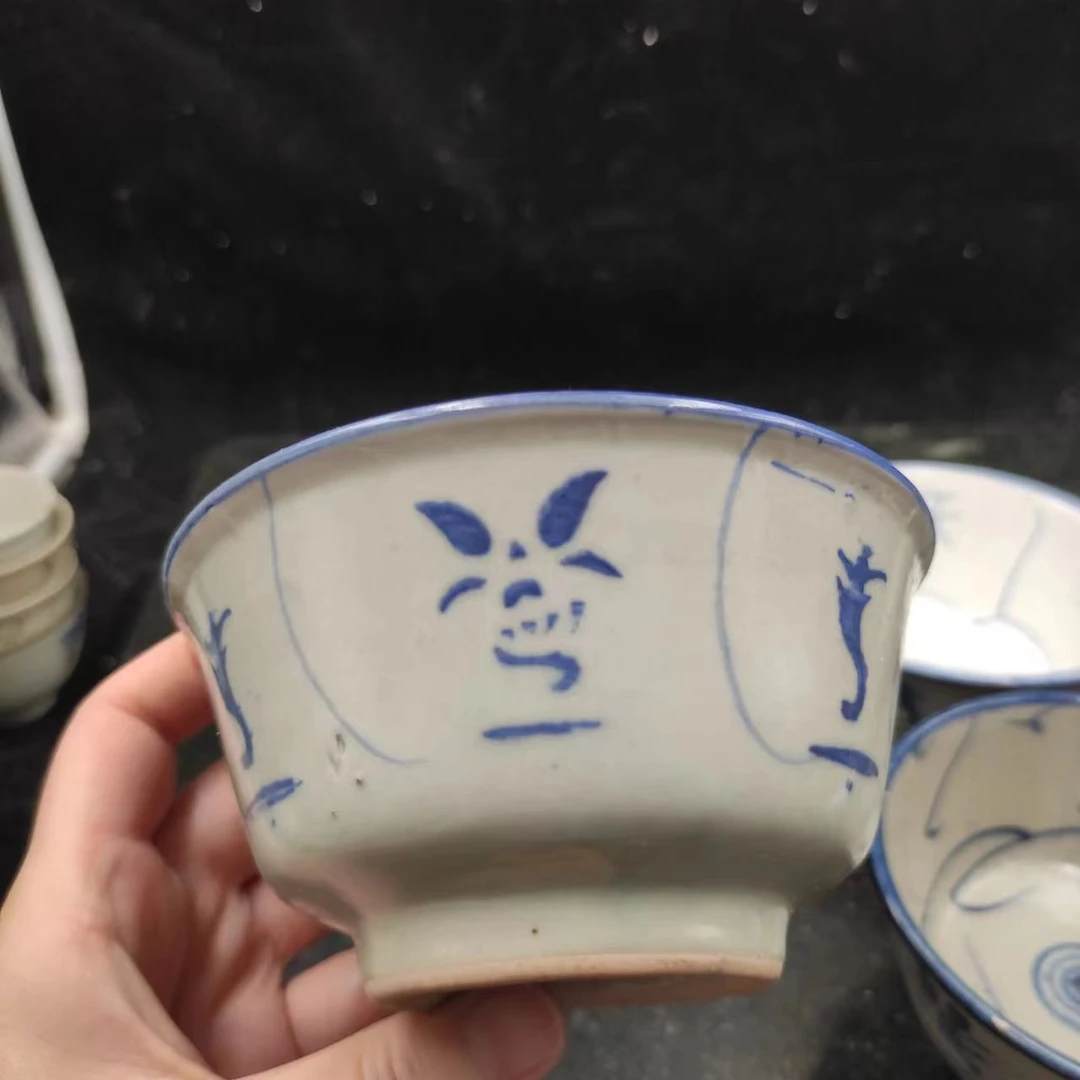 手工灵芝纹碗陶瓷家用青花碗釉下彩手绘葵斗碗古风餐具陶瓷汤粉碗