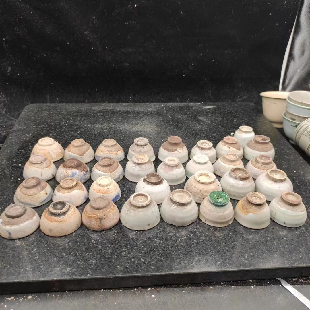 豆青杯老石湾杯玉璧底杯功夫茶杯茶具小酒杯手绘老式古风家用陶瓷