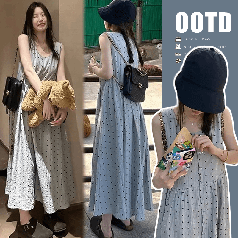 网红新款夏日小清新圆领波点无袖背心连衣裙孕妇舒适连衣裙
