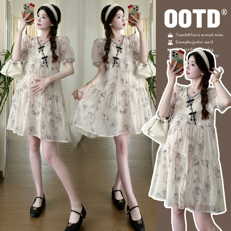 【视频同款】小个子夏季新品中式改良旗袍水墨画V领孕妇连衣裙