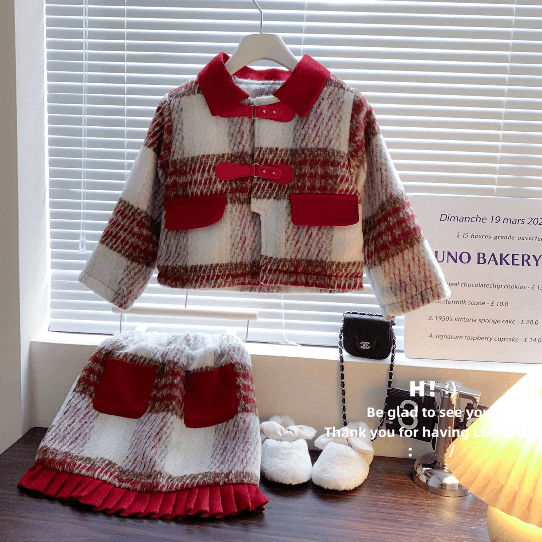 年货新款女童格纹毛呢加绒翻领外套百褶边短裙小香风潮ol洋气复古