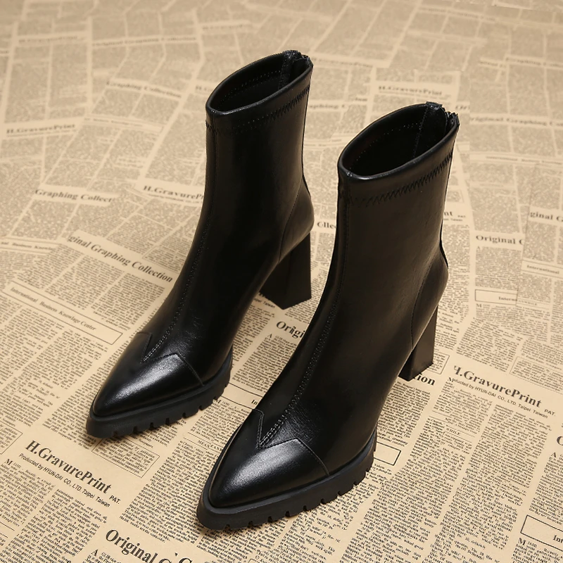 羊皮黑色小个子女士厚底防水台真皮小短靴瘦瘦靴尖头高跟鞋秋冬季