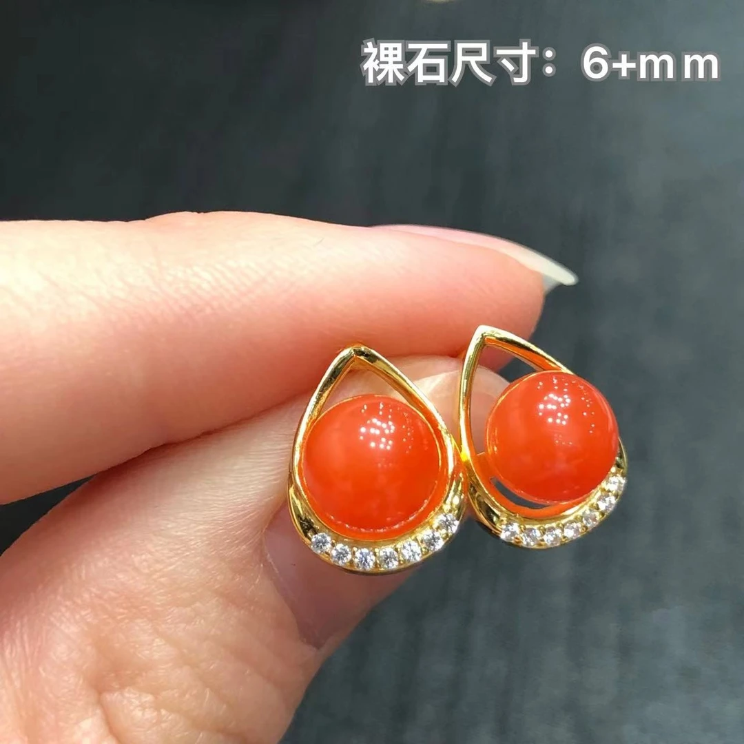 银S925耳钉南红玛瑙圆珠珠子冰红色简约气质百搭时尚女款饰品耳饰