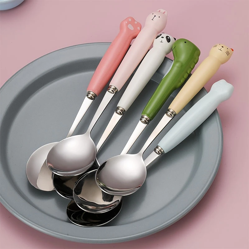 JL 陶瓷304不锈钢勺子创意动物卡通家用成人学生儿童圆勺网红饭勺