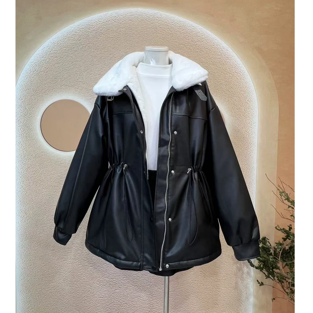 806-3加绒加厚收腰皮衣外套女款时尚韩版简约显瘦收腰外套