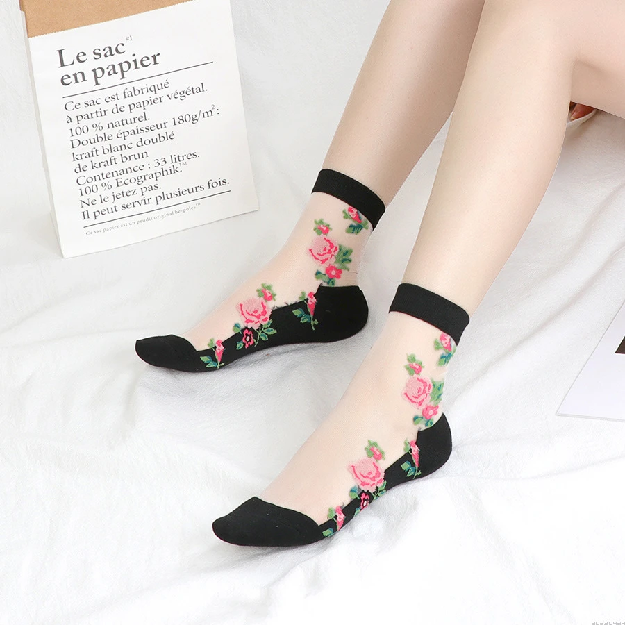 袜子女春夏季薄款棉底耐磨花朵防滑棉底短袜无痕薄款水晶袜中筒袜