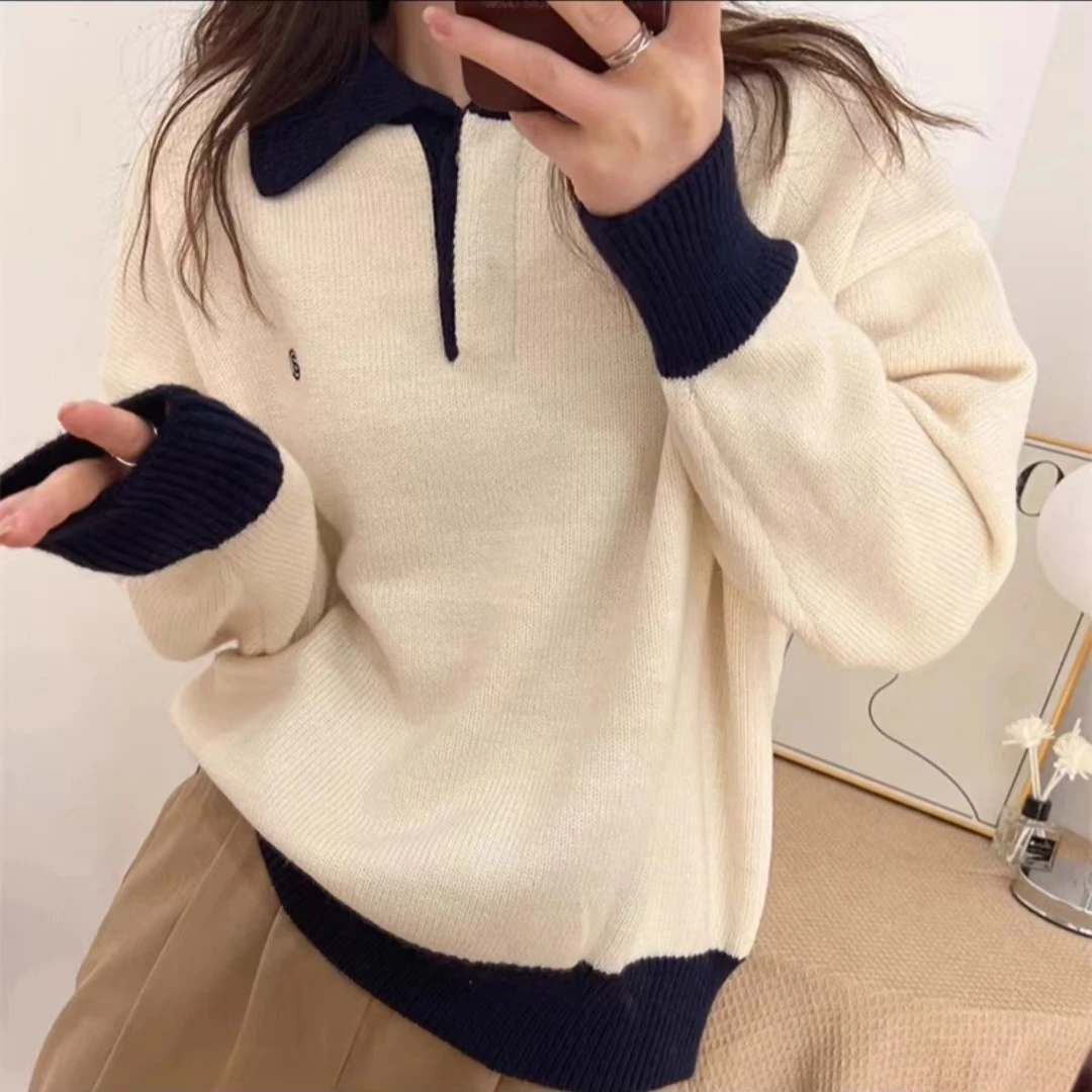 早秋学院风新款拼色POLO领毛衣设计感小众女时尚百搭显瘦针织上衣