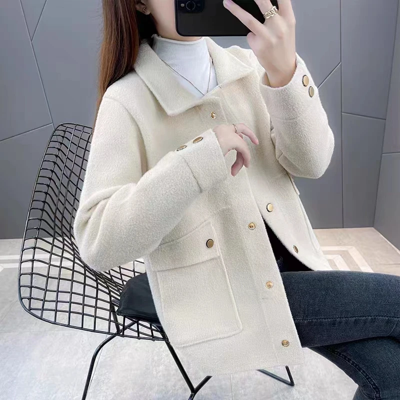 秋冬毛衣短款双面呢外套女2023新款宽松女装百搭针织毛呢开衫上衣