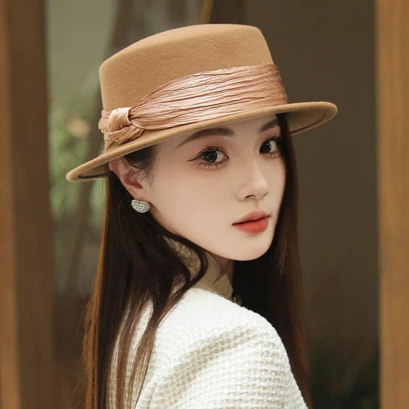 澳洲纯羊毛高品质帽子女秋冬珠光纱褶皱小礼帽法式复古平顶帽短发