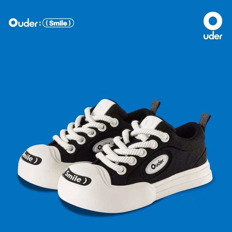 Ouder “smiler”增高情侣厚底圆头开口笑帆布鞋黑白小众时尚丑萌鞋