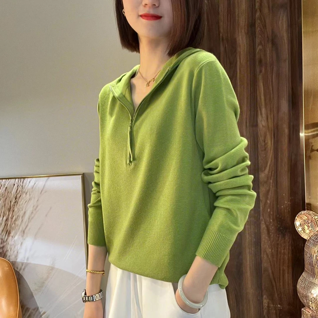 名港-【热辣滚烫】精纺羊毛休闲显瘦慵懒连帽绵羊毛针织衫 MG7031