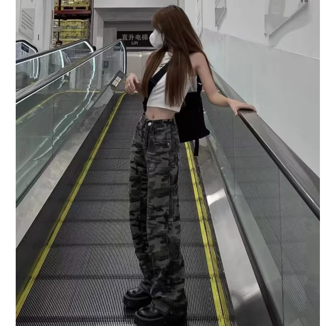 美式复古迷彩工装裤女2024新款春季高个子宽松阔腿窄版直筒休闲裤