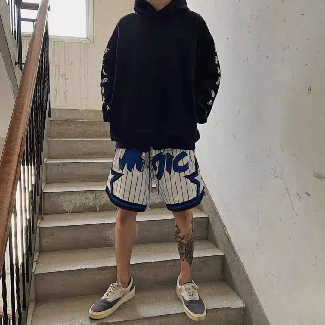 复古美式魔术队宽松休闲短裤五分裤透气速干夏季刺绣条纹运动百搭
