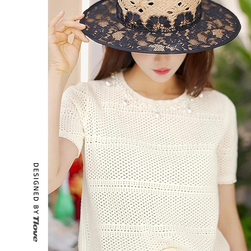 Z626春秋镂空透气户外休闲T恤百搭优雅复古针织衫