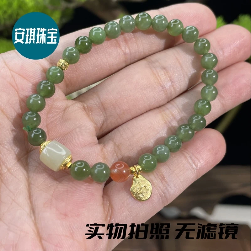 和田玉碧玉6mm菠菜绿银S925配件单圈手链玉手串绿色气质百搭K3019
